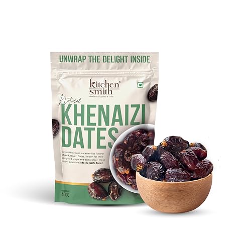 Image of KitchenSmith Khenaizi Fresh Dates - Pack of 2-400gm | No Preservatives & Added Sugar | High Fibre | Energy Health Snacks | Premium Khajoor