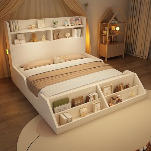 LAKFEW Cama 140x200 cm Camas Juveniles con 2 Luces Nocturnas y Estantería Desmontable, Cama Matrimonio para Niño y Niña, Camas Matrimoniales con Almacenamiento en Cabecero, Blanco, Sin Colchón