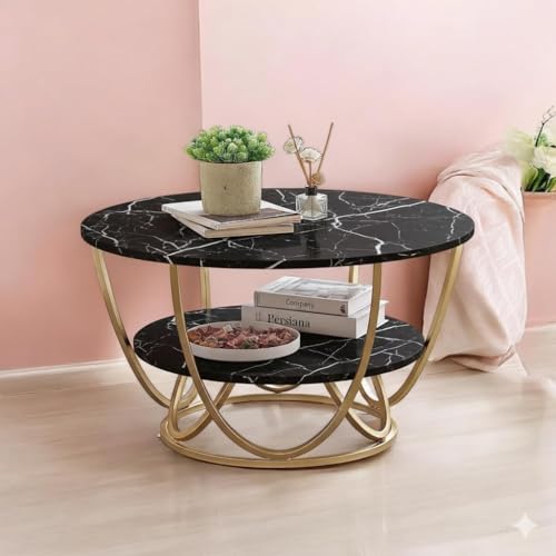 Image of Shoppee Coffee Table - Modern 2-Tier with Faux Marble Top and Gold Metal Frame - Stylish Center Table for Living Room, Sofa Table, Elegant Cocktail Table for Home, Office, Black & Gold