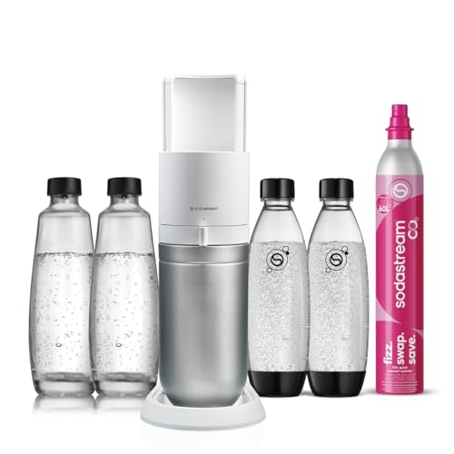 El gasificador de agua Duo incluye un cilindro de gas para preparar hasta 60 litros de agua con gas, 2 botellas de plástico de 1L, 2 botellas de cristal de 1L,reduce residuos de plástico, color blanco