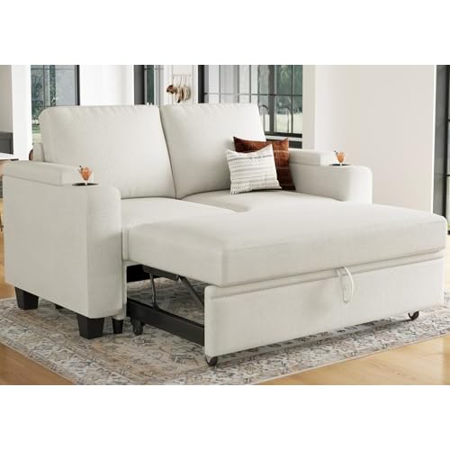 Belffin Sectional Sleeper Sofa with Pull Out Bed Love Seat Couch with Cup Holder. White White Loveseat Sofa