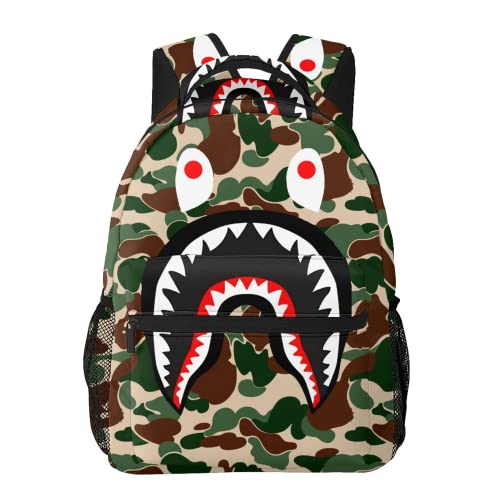 Shark Green Camo Backpack Travel Laptop Daypack Large Capacity Bookbag Fashion Lightweight for Men and Women