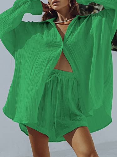 Image of Fixmatti Women 2 Piece Outfits Long Sleeve Button Down Blouse and Shorts Sweatsuit Sets