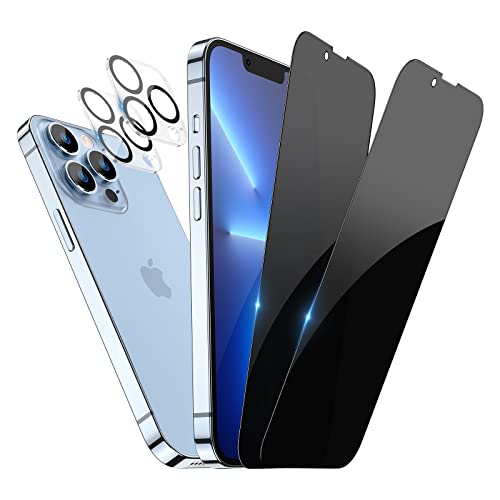 HWeggo Blickschutz-Displayschutzfolie mit Kameralinsenschutz für iPhone 13 Pro Max, HD klar Hüllenfreundlich 9H Härte, Anti-Spionage Schwarz Private gehärtete für Panzerglas 2 + 2 Stück Cover