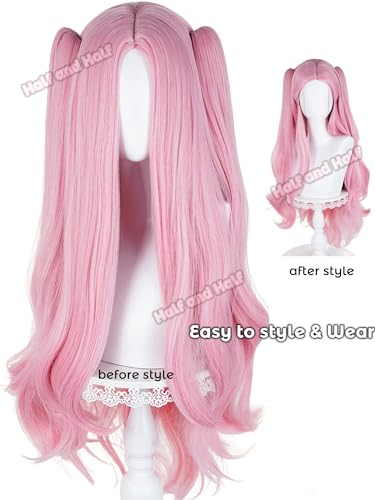 Image of Half and Half Pink Curly Anime Ponytail Wig Long Light Pink Twin Tail Wigs Cute Lolita Costume Wigs for Women Halloween Party Daily