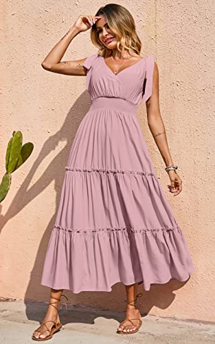 Prettygarden Women's Dress Spaghetti Strap Shoulder Knot Wrap Neck Summer Dresses Ruffle Hem Smocked High Waist Sleeveless Tiered Maxi Dress (Light Pink,Small) #TOP3