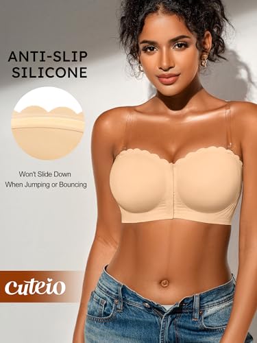 Image of Strapless Bras for Women, XS-XL, Front Closure Anti-Slip Comfortable Bandeau Top, Wavy Edge Padded Bra