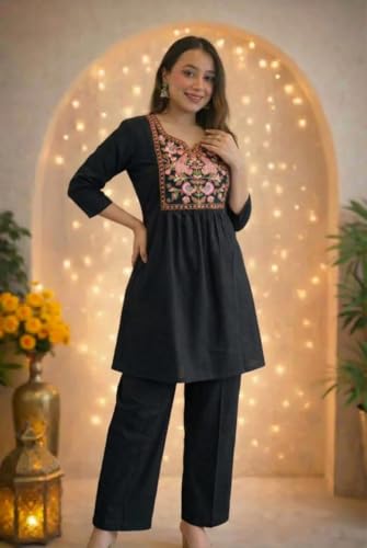 Image of Women's Rayon Embroidered Kurti with Pant Set | Floral Yoke Design | 3 /4 Sleeve Ethnic Co-Ord Set | Regular Fit Traditional Outfit