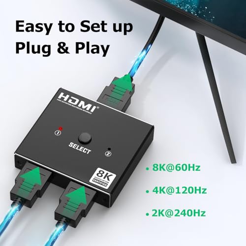 HDMI Switch 2.1 Splitter 8K@60Hz 4K@120Hz, Aluminium Bidirektional HDMI Switch 2 in 1 Out / 1 in 2 Out, Hdmi 2.1 Switcher Verteiler unterstützt 48Gbps 3D HDCP 2.3 für PS5/4 Fire Stick/Xbox/HDTV