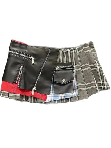 Women's Denim Skirt High Waist Pu Leather Patchwork Plaid Irregular Wrap Hip Mini Skirts