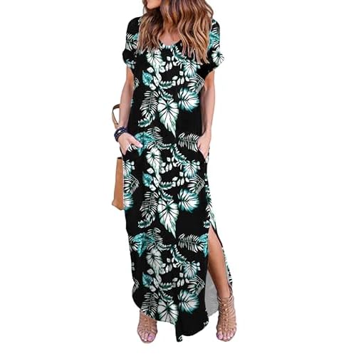 HUSKARY Women's Summer Maxi Dress Casual Loose Pockets Long Dress Short Sleeve Split Maxi Dresses X-Large Black Leaves
