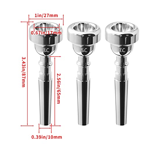 image for Biaungdo Trumpet Mouthpiece 7C 5C 3C, 3 Pcs Brass Material Silver Plat