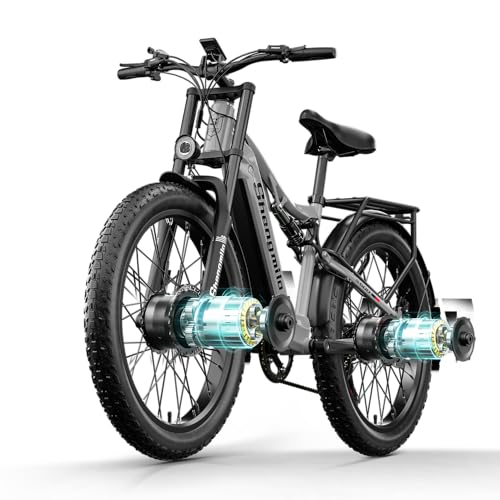 Shengmilo S600 Dual Motor Electric Bike 250W, 25km/h,26" Fat Tire E-Mountain Bike for Adults, Dual Suspension E-Bike with 48V 17.5Ah Removable Lithium Battery, 7-Speed Shi-mano Gear,
