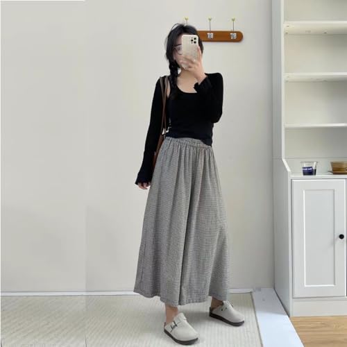 Japanese plaid skirt pantswomen's artistic retro plaid cotton linen skirt pantsloose oversized casual pants4