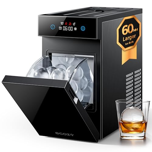 ecozy 60mm Extra Large Clear Ice Ball Maker Countertop with CrystalFlux Technology Minimal Footprint Sphere Ice Maker with 8H Timer 1 pcs in 40 Mins 32 pcs/Day Self-Cleaning for Home Bar Whiskey