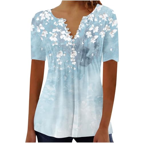 Casual Blouses for Women Summer Tops for Women 2025 Trendy Boho Floral Print Tunic Shirts Short Sleeve Button v Neck Tshirt Casual Loose Blouse Summer for Women 2025 Tops Sky Blue L