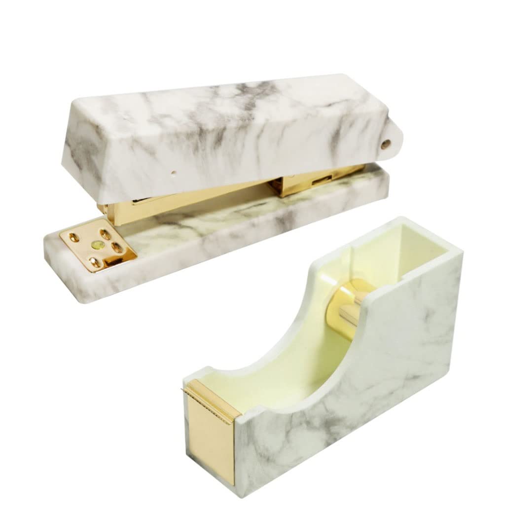 Dispenser per nastro adesivo, Mini Marble Stapler e set dispenser for nastro adesivo - Elegante spillatrice da tavolo for ufficio e arredamento scolastico(White)