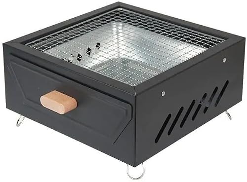 Portable Charcoal BBQ Grill, 31x31x16 cm, Black | Tabletop Design, Iron & Galvanised Steel, Solid Wood Handle, Ash Drawer, Camping & Outdoor Use