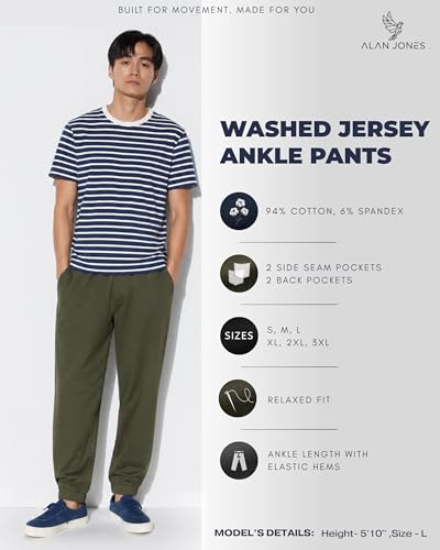 Image of Alan Jones Clothing Mens Washed Jersey Cotton Joggers Pants | Soft Stretch Cotton | Ankle Length with Elastic Hems