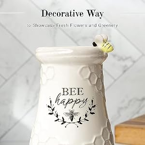 Young's Inc. Ceramic Flower Vase (Bee Happy) - White Ceramic Vase - Honeycomb Decor - 3" L x 3" W x 8" H Contains one Flower vase Youngs Inc Ceramic Flower Vase Bee Happy White Ceramic Vase Honeycomb Decor 3 L x 3 W x 8 H Contains one Flower vase