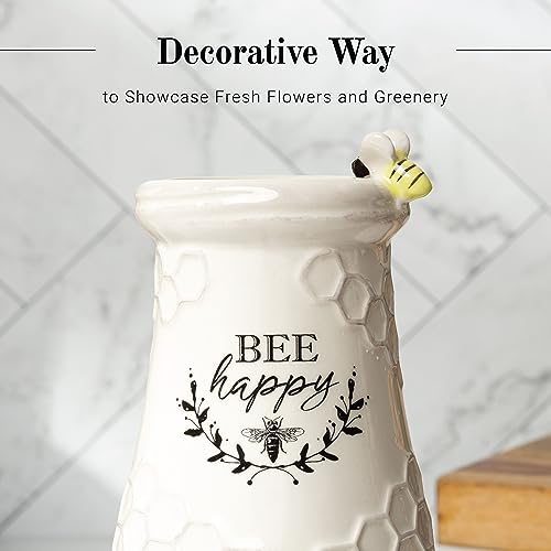 Youngs-Inc-Ceramic-Flower-Vase-Bee-Happy-White-Ceramic-Vase-Honeycomb-Decor-3-L-x-3-W-x-8-H-Contains-one-Flower-vase Youngs Inc Ceramic Flower Vase Bee Happy White Ceramic Vase Honeycomb Decor 3 L x 3 W x 8 H Contains one Flower vase