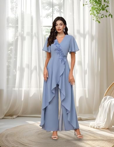 Chiffon Mother of The Bride Jumpsuit for Wedding Guest Short Sleeves Formal Women Pant Suits KW0034