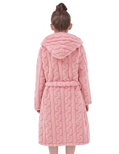 JiAmy Kapuzen Bademantel für Mädchen Flauschiger Fleece Plüsch Langer Schlafmantel Kinder