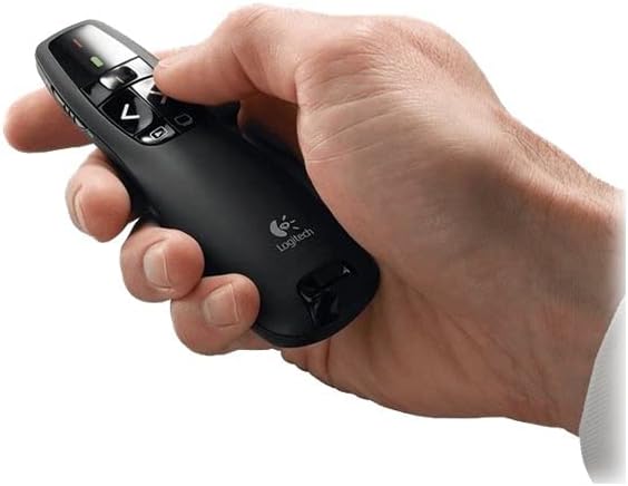 Hand holding Logitech R400 presenter