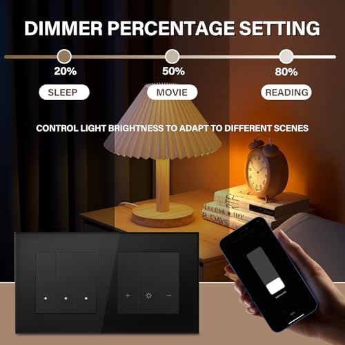 BSEED WIFI 3 Fach 1 Weg Lichtschalter mit Smart Dimmer Compatibel mit Google Home und Alexa Neutrale Leitung Ben&ouml;tigt, Schwarz