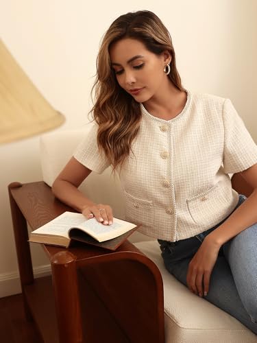 M.Infisavo 2025 Women's Cropped Tweed Blazer Short Sleeve Elegant Round Neck Open Front Cardigan Business Casual Jacket2