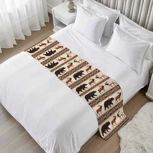 Bed Runner for Cal.King Size, Boho Animals Decorative Scarf Throws for Foot of Bed, Farmhouse Vintage Deer Bear Geometric Luxury Bedding Protector Slipcover Bedrunners for Hotel/Home, 102 x 20 Inch