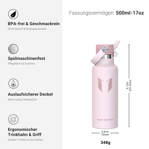 Super Sparrow Trinkflasche Edelstahl - Ultraleicht Thermobecher - 500ml - Standardmund Stroh-Deckel - BPA-Frei Thermoskanne, Thermosflasche für Sport, Travel, Schule, Outdoor 3