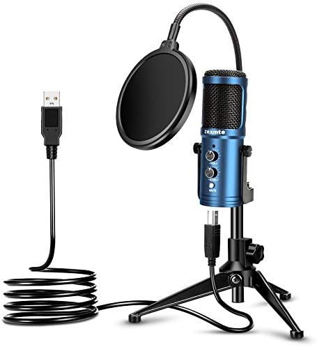 USB Microphone, ZEXMTE Computer PC Gaming Microphone with Tripod Stand & Pop Filter for for Streaming, Podcasting, Vocal Recording Microphone, Support for Computer Mac OS & Windows,Blue