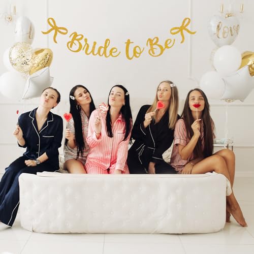 Image of Bride to Be Banner, Gold Bride to Be with Bow Glitter Bachelorette Banner