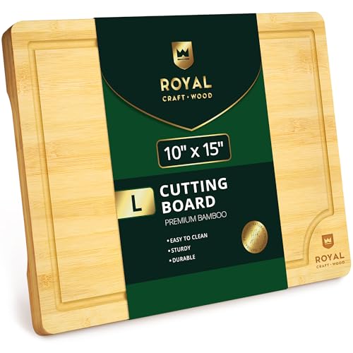 ROYAL CRAFT WOOD Bamboo Cutting Board with Juice Groove - Kitchen Chopping Board for Meat Cheese and Vegetables, Heavy Duty Serving Tray w/Handles (Large,10 x 15')