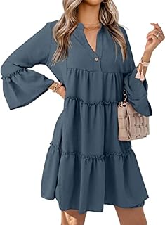 Reukree Womens V Neck Ruffle Layer Cute Mini Dress Long Bell Sleeve Dresses