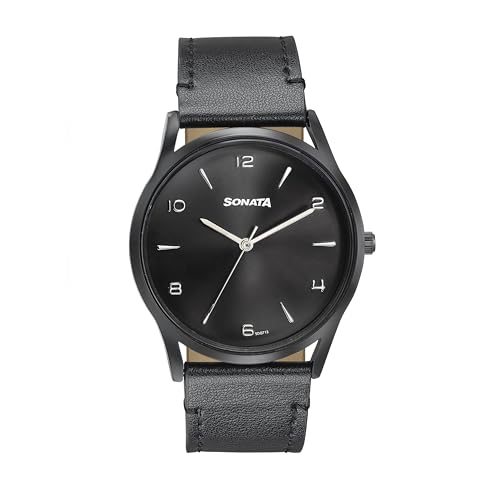Sonata Quartz Analog Black Dial Black Leather Strap Watch for Men