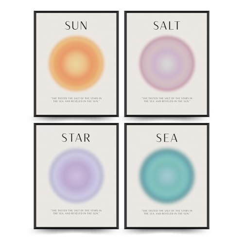 PLKMN Lot de 4 impressions d'art mural spirituel avec soleil, sel et énergie de la mer, 20,3 x 25,4 cm, impression tendance étoilée, océan, plage, aura colorée, décoration esthétique abstraite pour