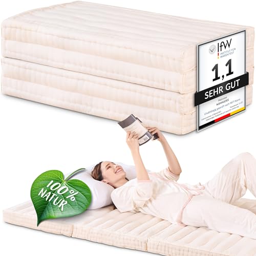 Namasdee Klappmatratze 200x90x8cm mit 100% natürlicher Kapokfüllung (Weiß Uni)