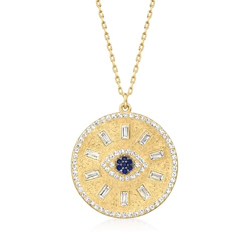 Ross-Simons 1.60 ct. t.w. CZ Evil Eye Medallion Pendant Necklace With Simulated Sapphires in 18kt Gold Over Sterling. 17 inches