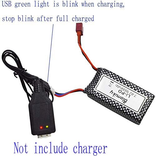 Blomiky 1 Pack 11.84Wh 7.4V 1600mAh T Connector Plug Li-Po Battery and USB Cable Suitable for 9125 1/10 Scale 4X4 48KMH 4X4 Fast RC Truck Cars 25-DJ02 / 9125 Battery 1