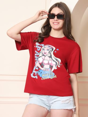 Image of Preneum Women's Cotton Cool Graphic Printed Baggy Fit Drop-Shoulder Sleeves Cotton Oversized T-Shirt