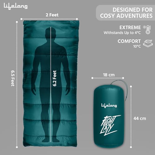 Lifelong Sleeping Bag for Adults | Winter Sleeping Bags Certified for Temperatures +10°C | Rectangular Shape Foldable Sleeping Bag Height | Travel Accessory for Camping, Hiking, Trekking (Turquoise)