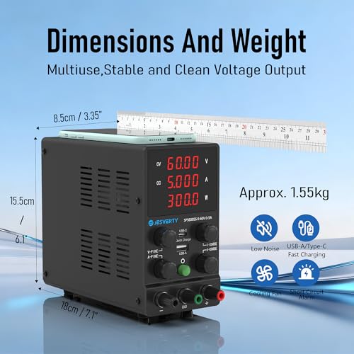 Image of DC Power Supply Variable, 0-60V 0-5A Adjustable Switching DC Regulated Bench Power Supply with 20W USB & Type-C Quick-Charge, Encoder Knob, Reverse Polarity Protection - SPS-6005S