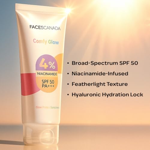 Image of FACES CANADA Comfy Glow Sunscreen - 50ml | SPF50 PA+++ | UVA & UVB Protection | Feather Light Texture | Lightweight & Non Greasy | Brightens Skin | Hydrates Skin | Prevents Sunburns, Tanning & Premature Aging