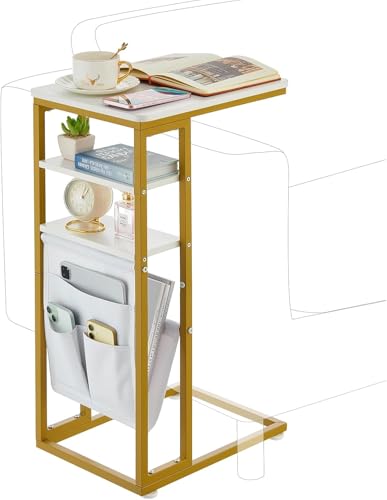 C Shaped End Table, 3-Tier C Table with Storage Bag,Small Side Table for Couch,Slide Under Sofa Table with Storage Shelves and Bag for Living Room, Bedroom, or Office (White+Gold)