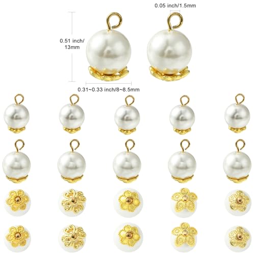 Stiesy 50Pcs 5 Styles Round Pearl Charms Shell Pearl Pendant Charm with Brass Flower Bead Caps for Jewellery Making DIY Bracelet Crafts - Image 2