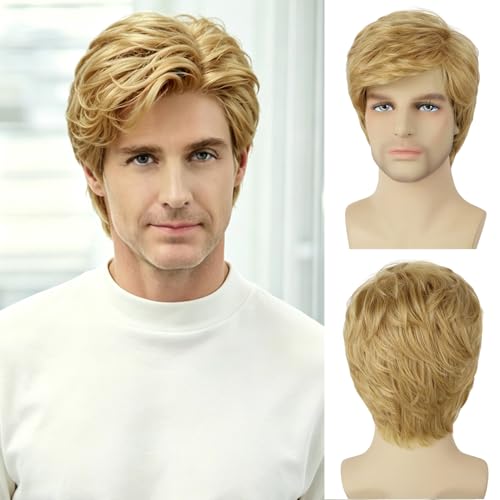 Tereshar Mens Blonde Wig Short Layered Natural Wavy Heat Resistant Synthetic Male Guy Funny Wigs for Daily Party Costume Cosplay Halloween (Blonde)