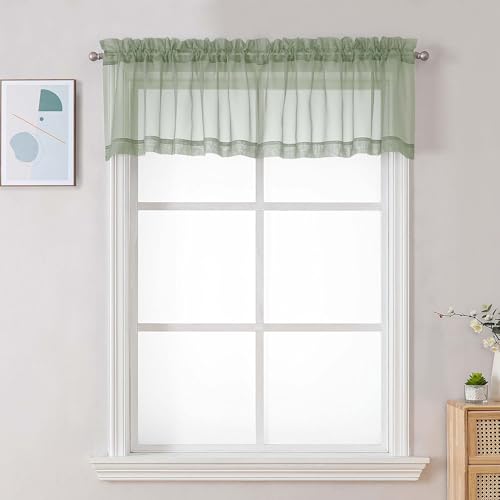 Image of Chyhomenyc Sage Green Sheer Valances for Windows - Light Filtering Small Kitchen Curtains, Rod Pocket Short Top Window Treatment Decor for Living Room Bathroom Basement, 42Wx16L inches, 2 Panels