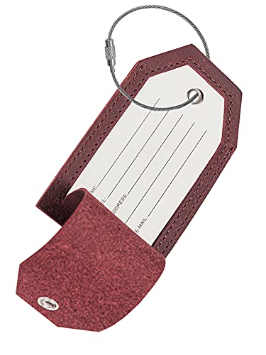 Genuine Leather Set Of 2 Luggage Tag With Full Back Privacy Name Id Card Stainless Steel Loop Suitcase Labels Identifiers Baggage Tags Luggage For Women Men Travel (Wine Red) #TOP1
